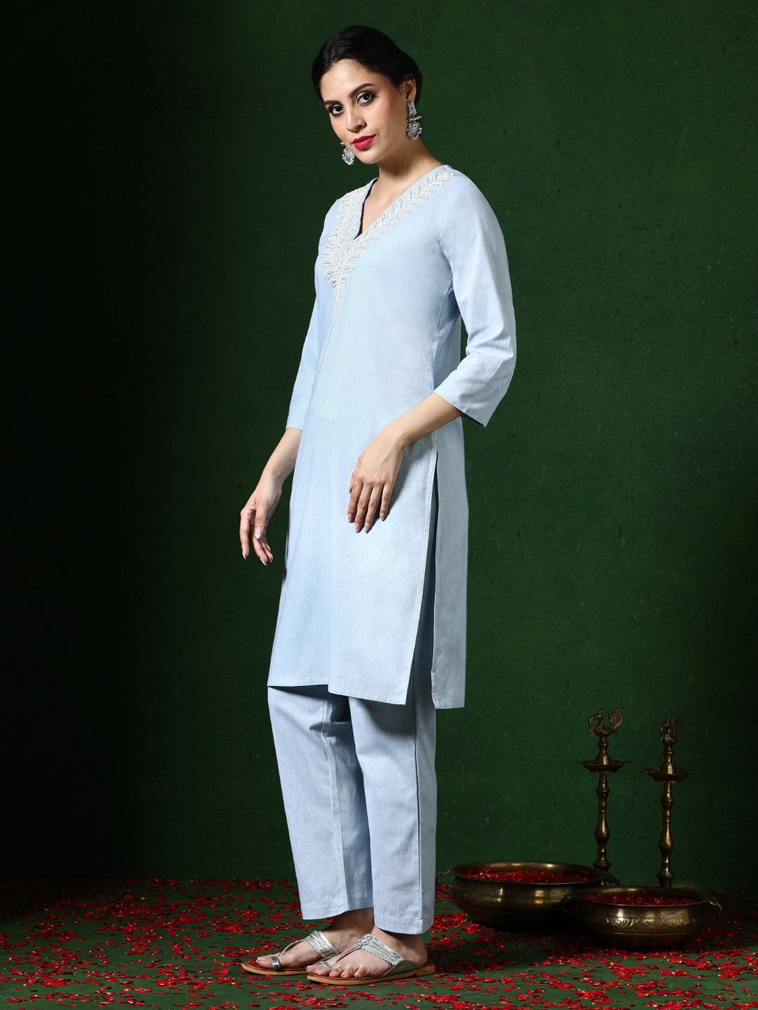 Solid Embroidered A-Line Cotton Blend Kurta & Trousers Sets