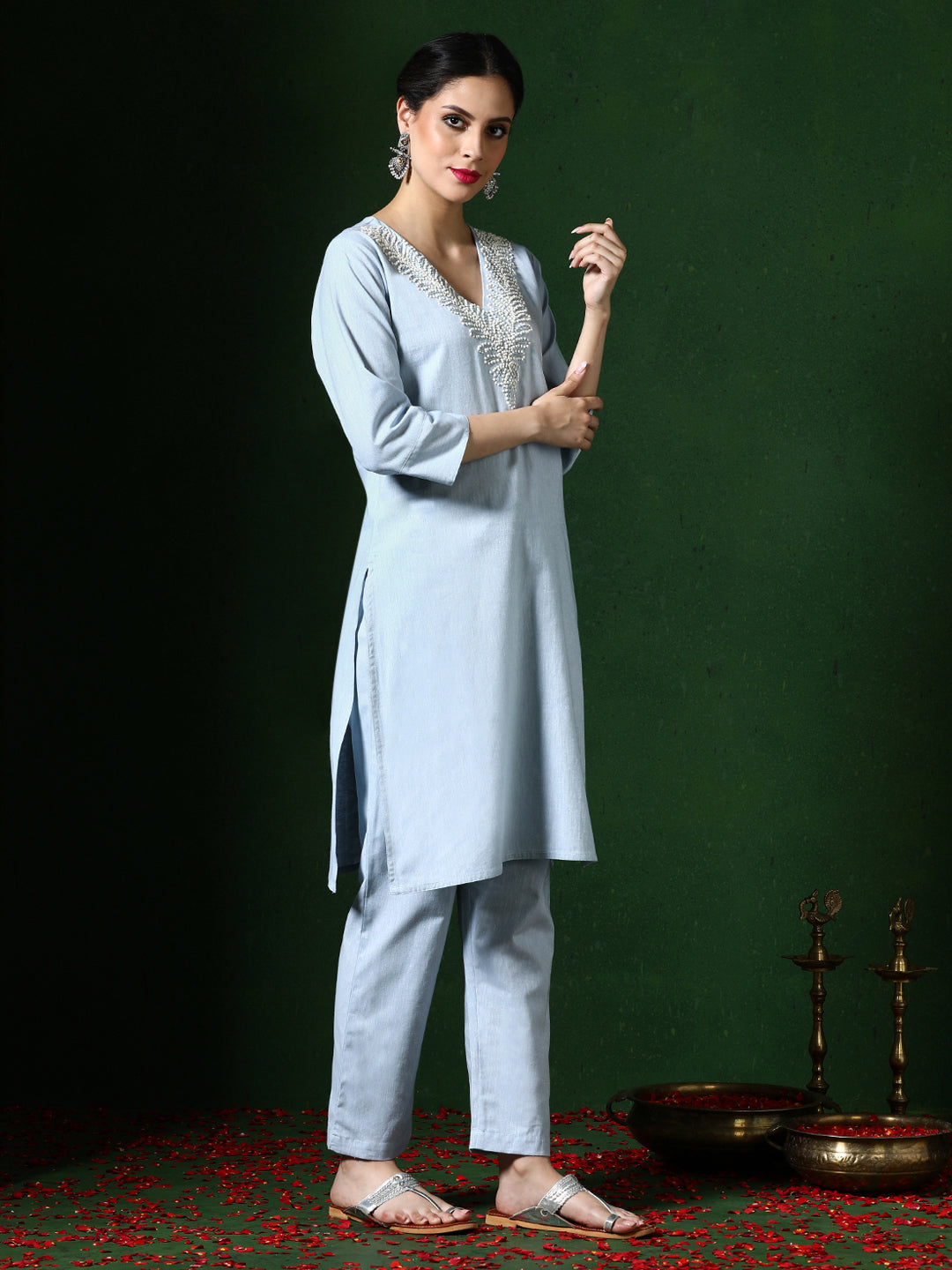 Solid Embroidered A-Line Cotton Blend Kurta & Trousers Sets
