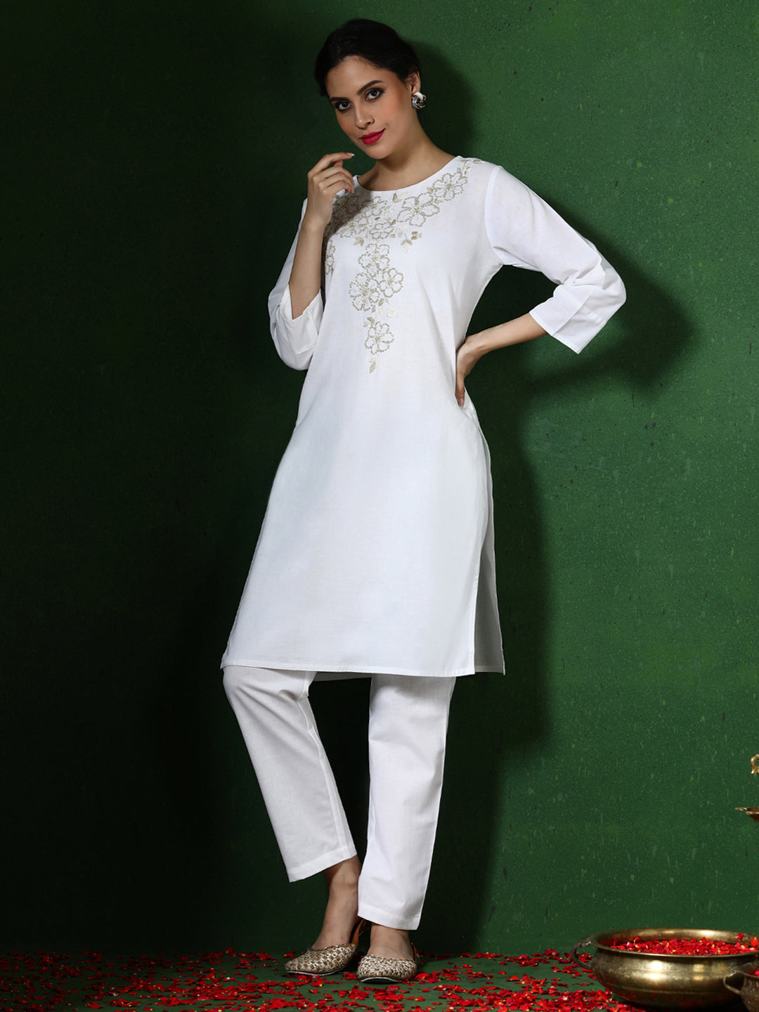 Solid Embroidered Straight Cotton Blend Kurta & Trousers Sets