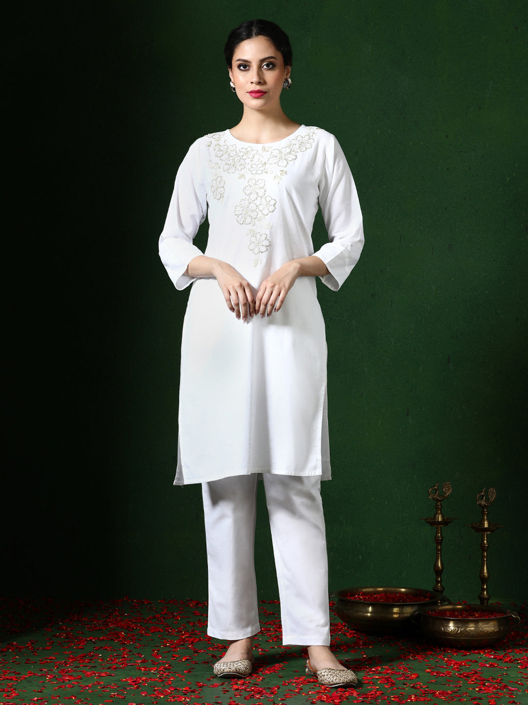 Solid Embroidered Straight Cotton Blend Kurta & Trousers Sets