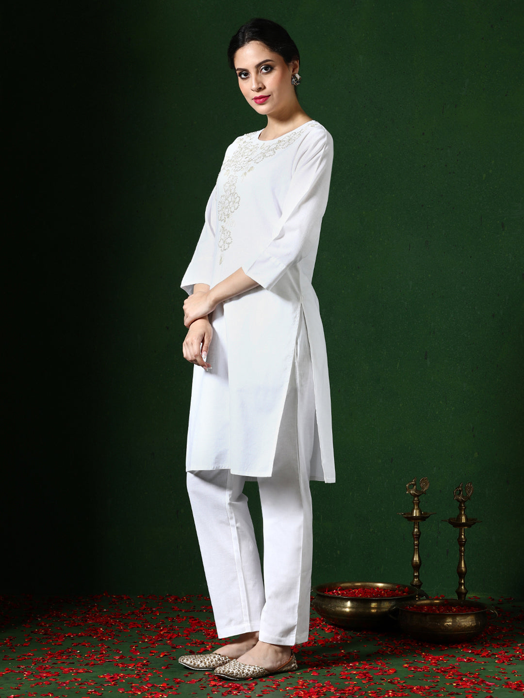Solid Embroidered Straight Cotton Blend Kurta & Trousers Sets