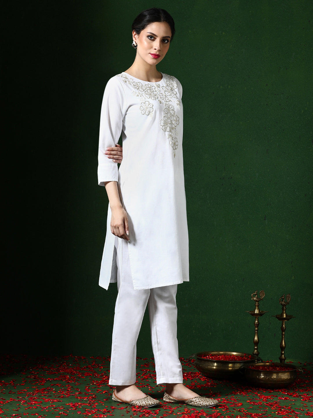 Solid Embroidered Straight Cotton Blend Kurta & Trousers Sets