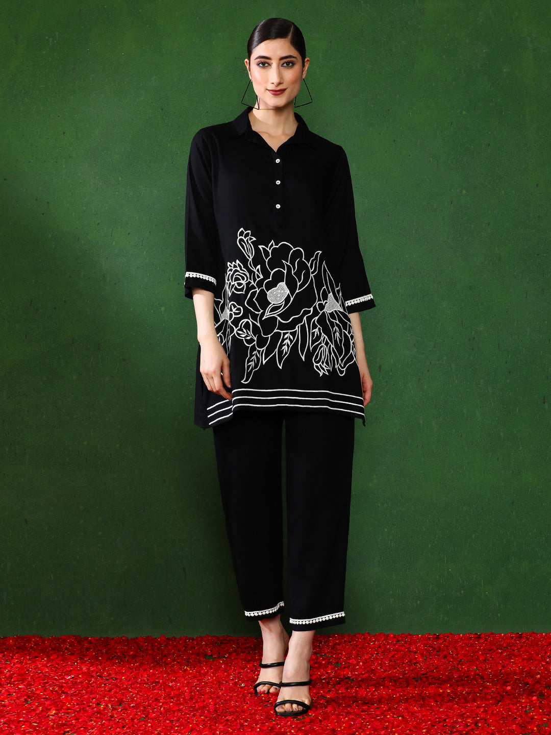 Floral Embroidered A-Line Top & Trousers Sets
