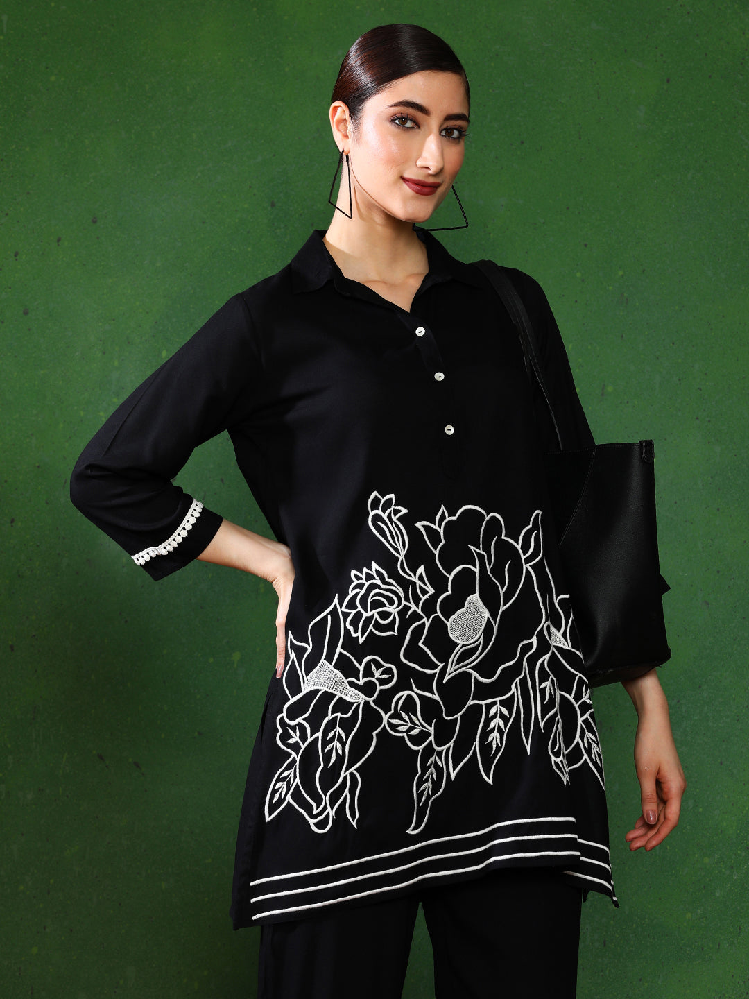 Floral Embroidered A-Line Top & Trousers Sets