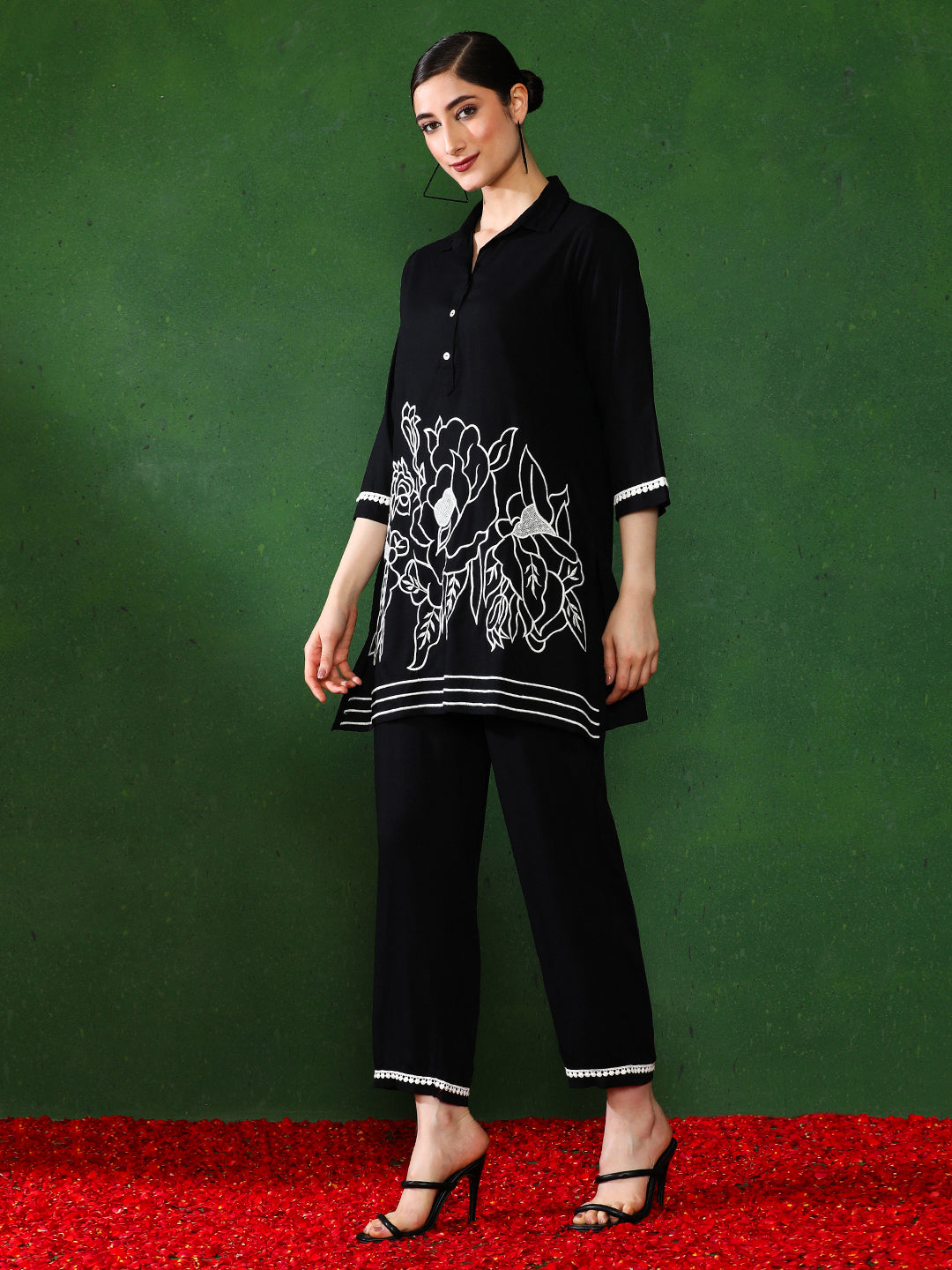 Floral Embroidered A-Line Top & Trousers Sets
