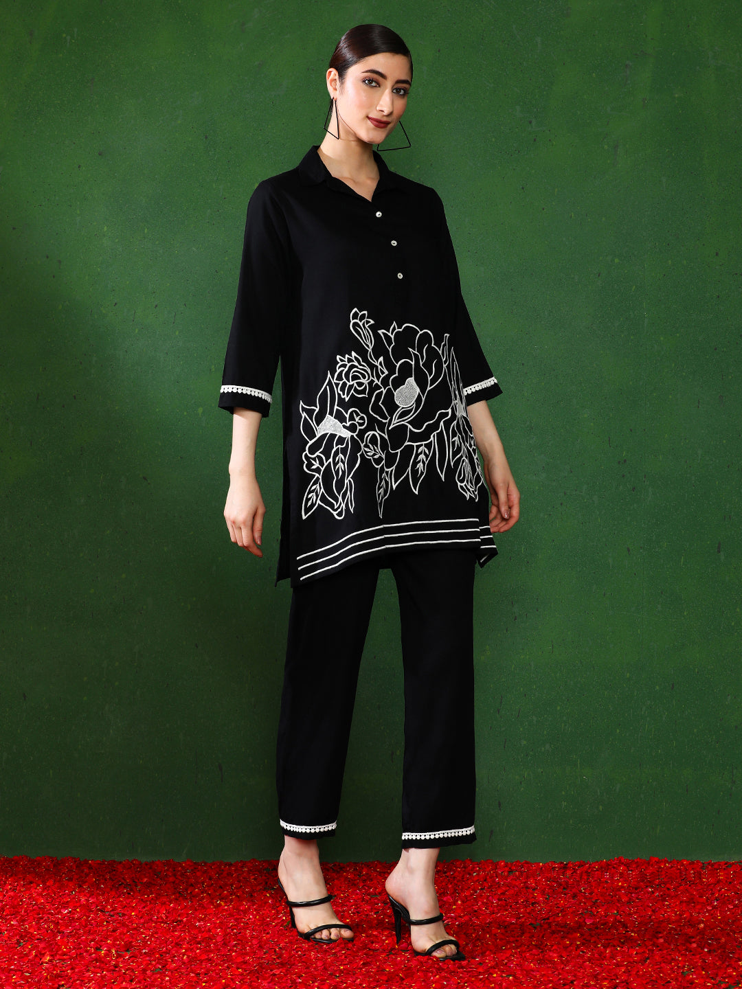 Floral Embroidered A-Line Top & Trousers Sets