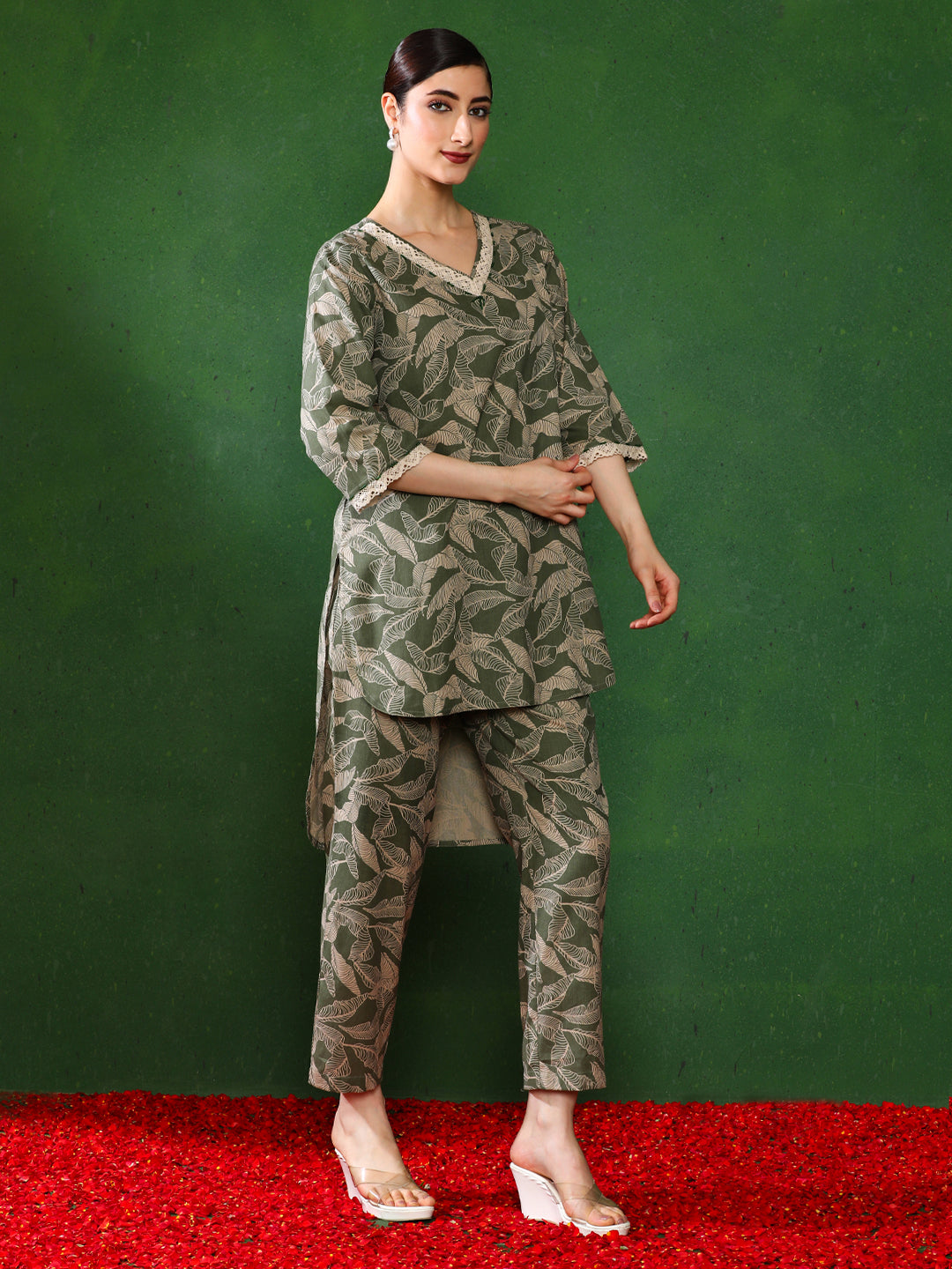 Floral Embroidered A-Line Top & Trousers Sets