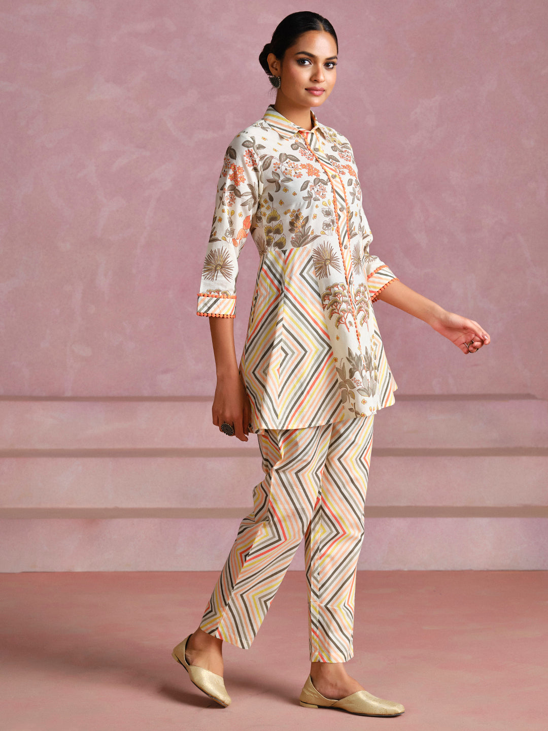 Embroidered A-Line Pure Cotton Top & Trousers Co-Ord Set