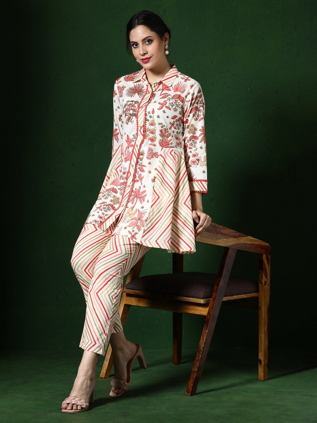 Floral Embroidered A-Line Pure Cotton Top & Trousers Sets
