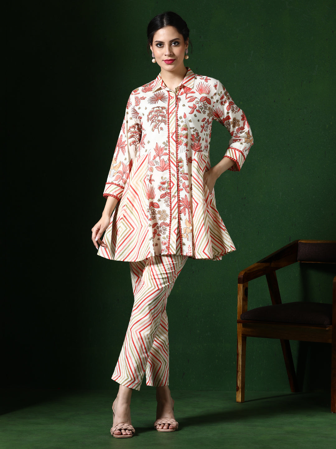 Floral Embroidered A-Line Pure Cotton Top & Trousers Sets