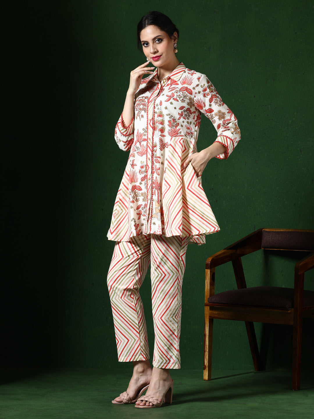Floral Embroidered A-Line Pure Cotton Top & Trousers Sets