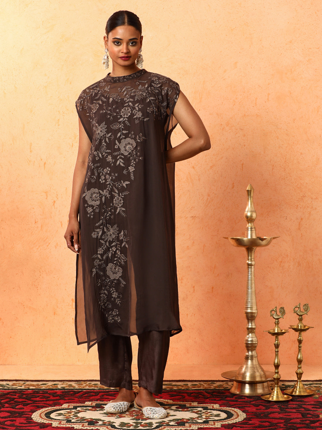 Floral Embroidered A-Line Organza Kurta & Trousers Sets
