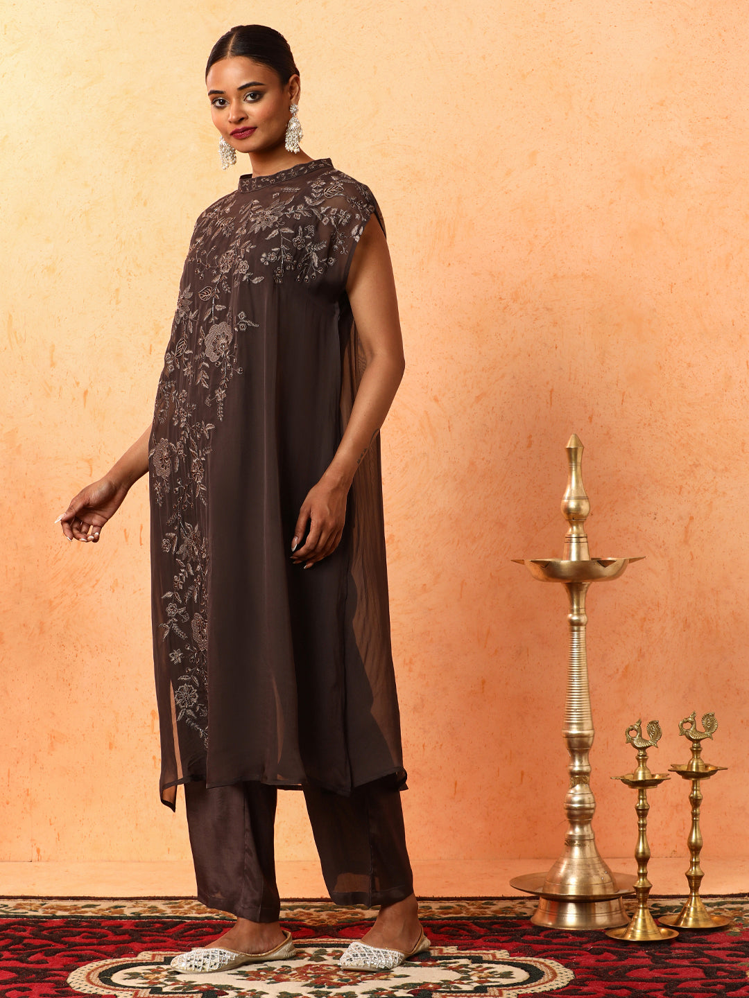 Floral Embroidered A-Line Organza Kurta & Trousers Sets