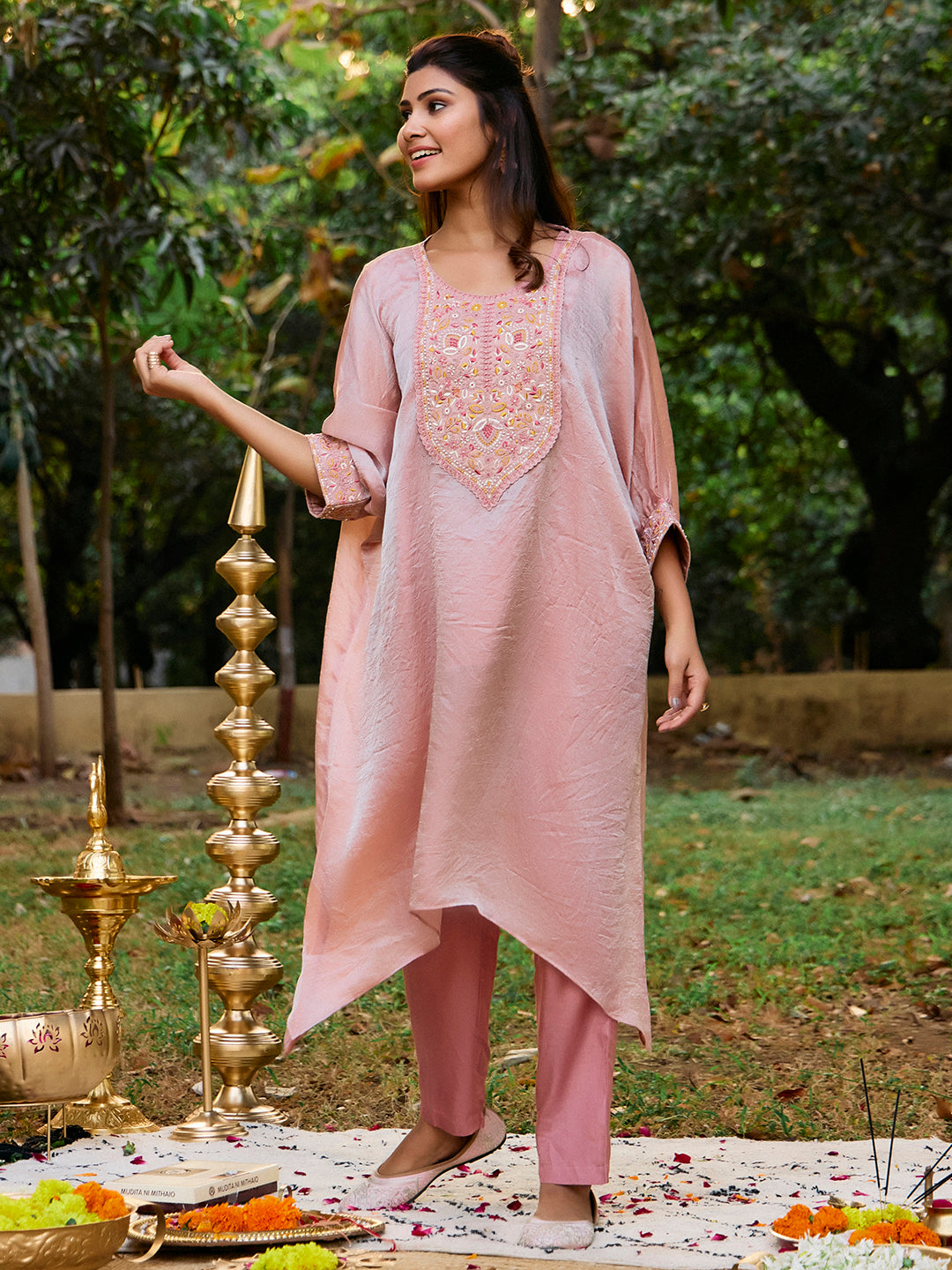 Floral Embroidered Kaftan Organza Kurta & Trousers Sets