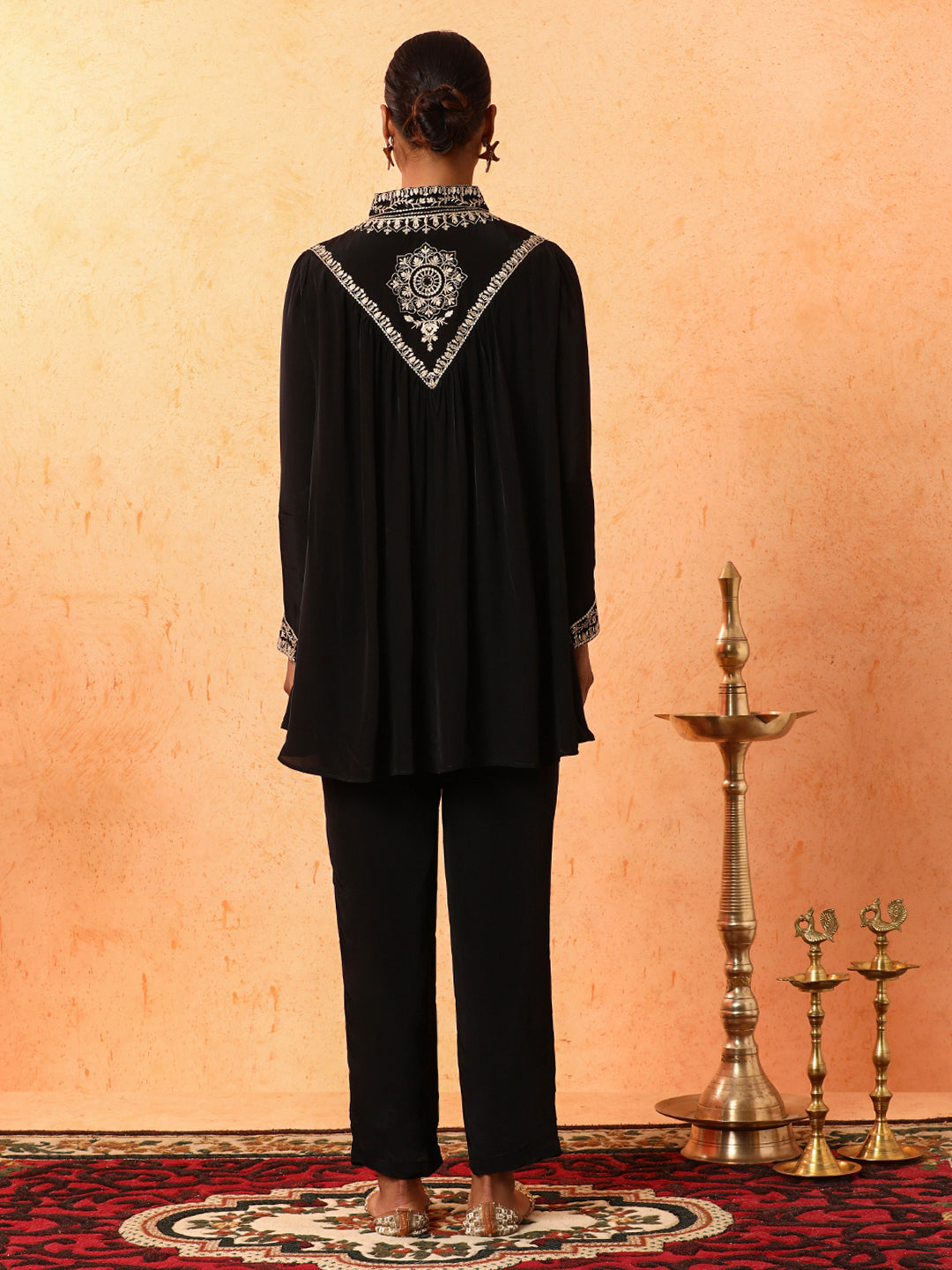 Floral Embroidered A-Line Silk Crepe Top & Trousers Sets