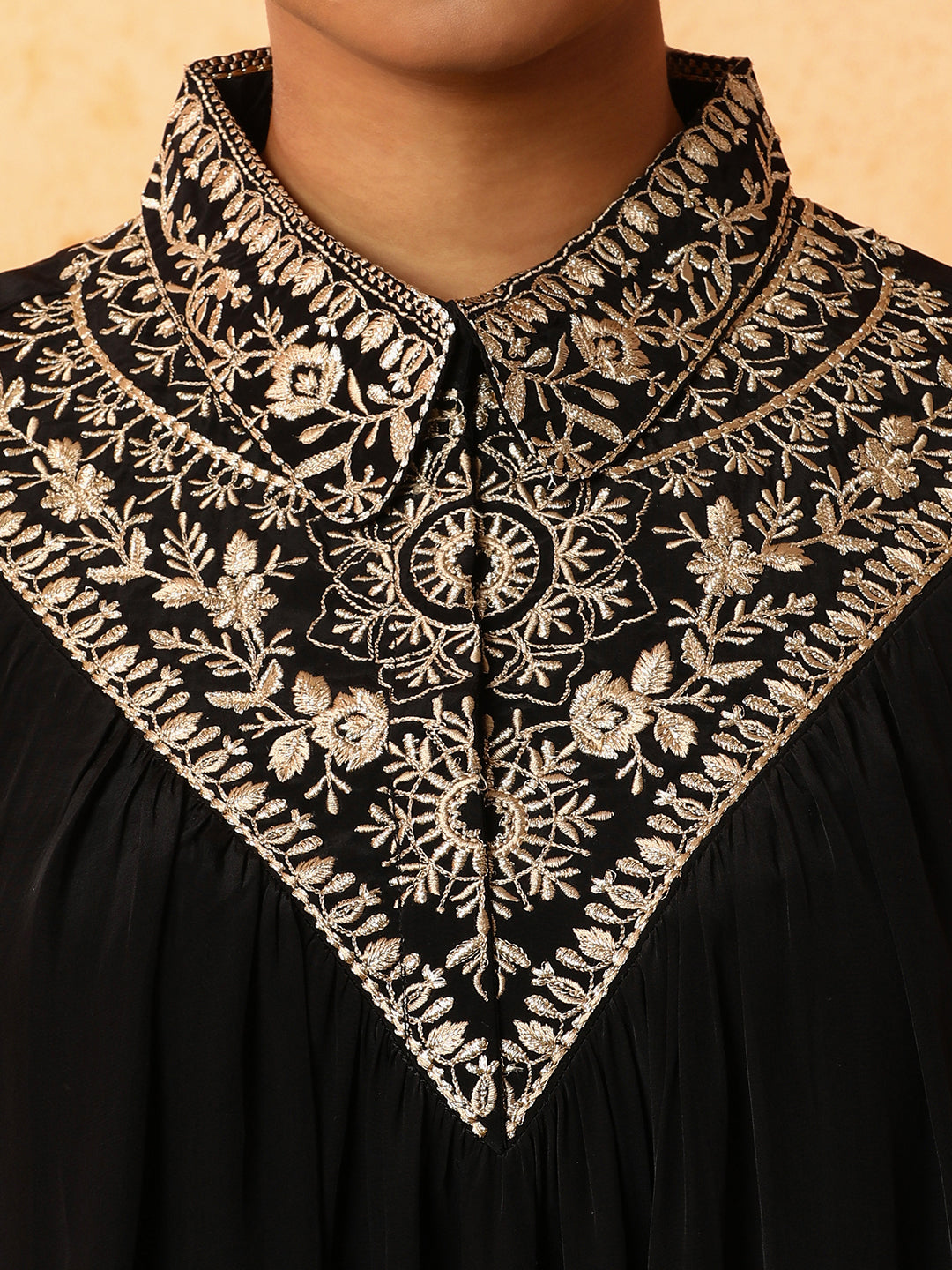 Floral Embroidered A-Line Silk Crepe Top & Trousers Sets