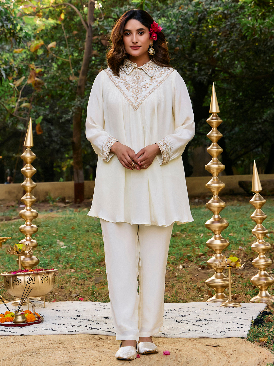 Solid A-Line Poly Crepe Top & Trousers Sets