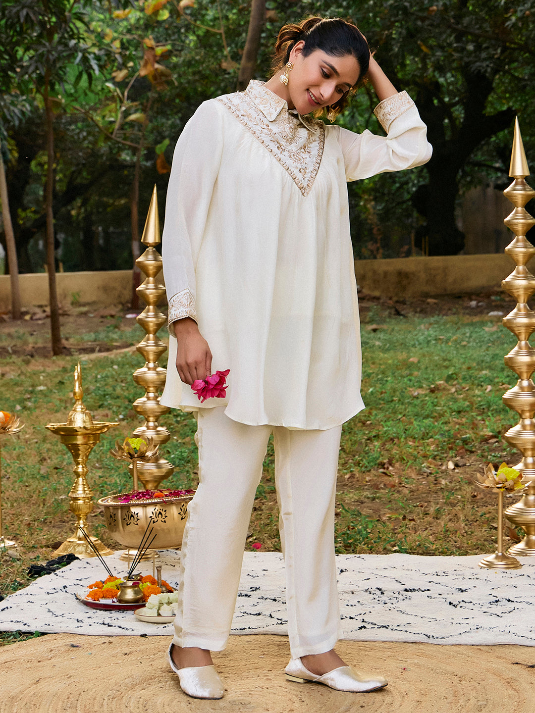 Solid A-Line Poly Crepe Top & Trousers Sets