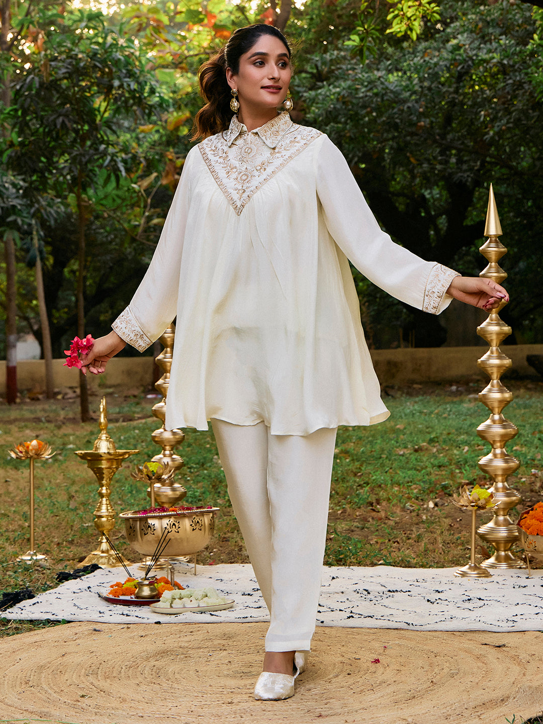 Solid A-Line Poly Crepe Top & Trousers Sets