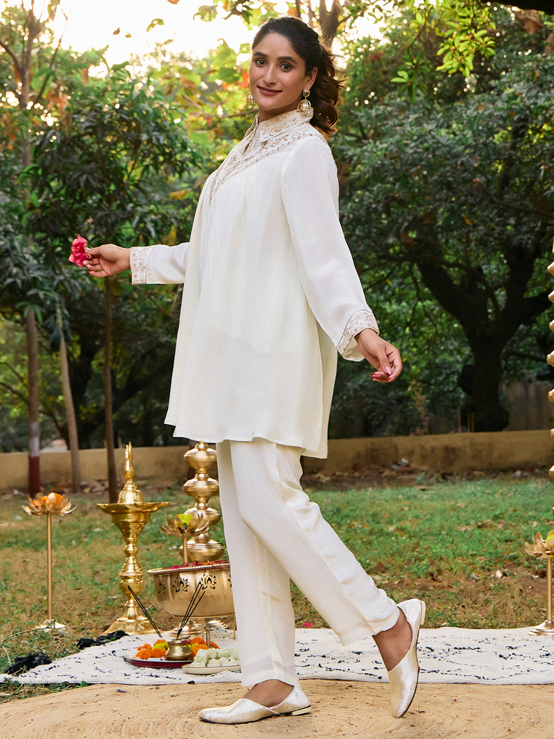 Solid A-Line Poly Crepe Top & Trousers Sets