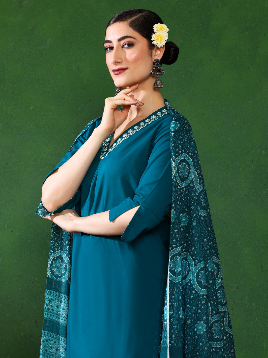 Solid Embroidered A-Line Kurta & Trousers Sets