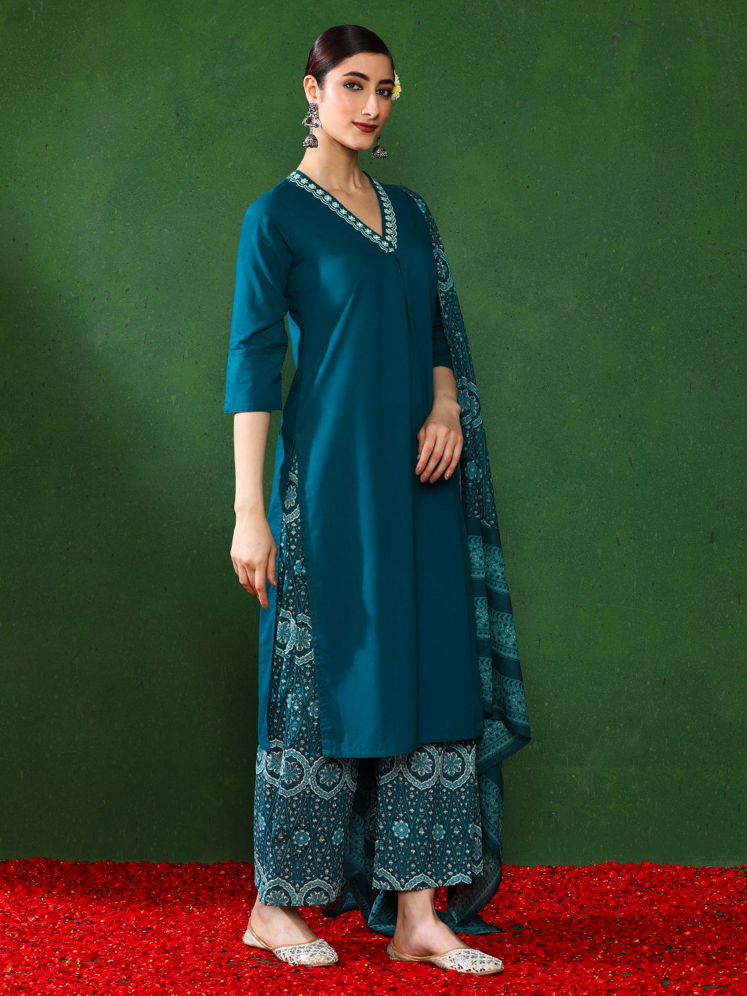 Solid Embroidered A-Line Kurta & Trousers Sets