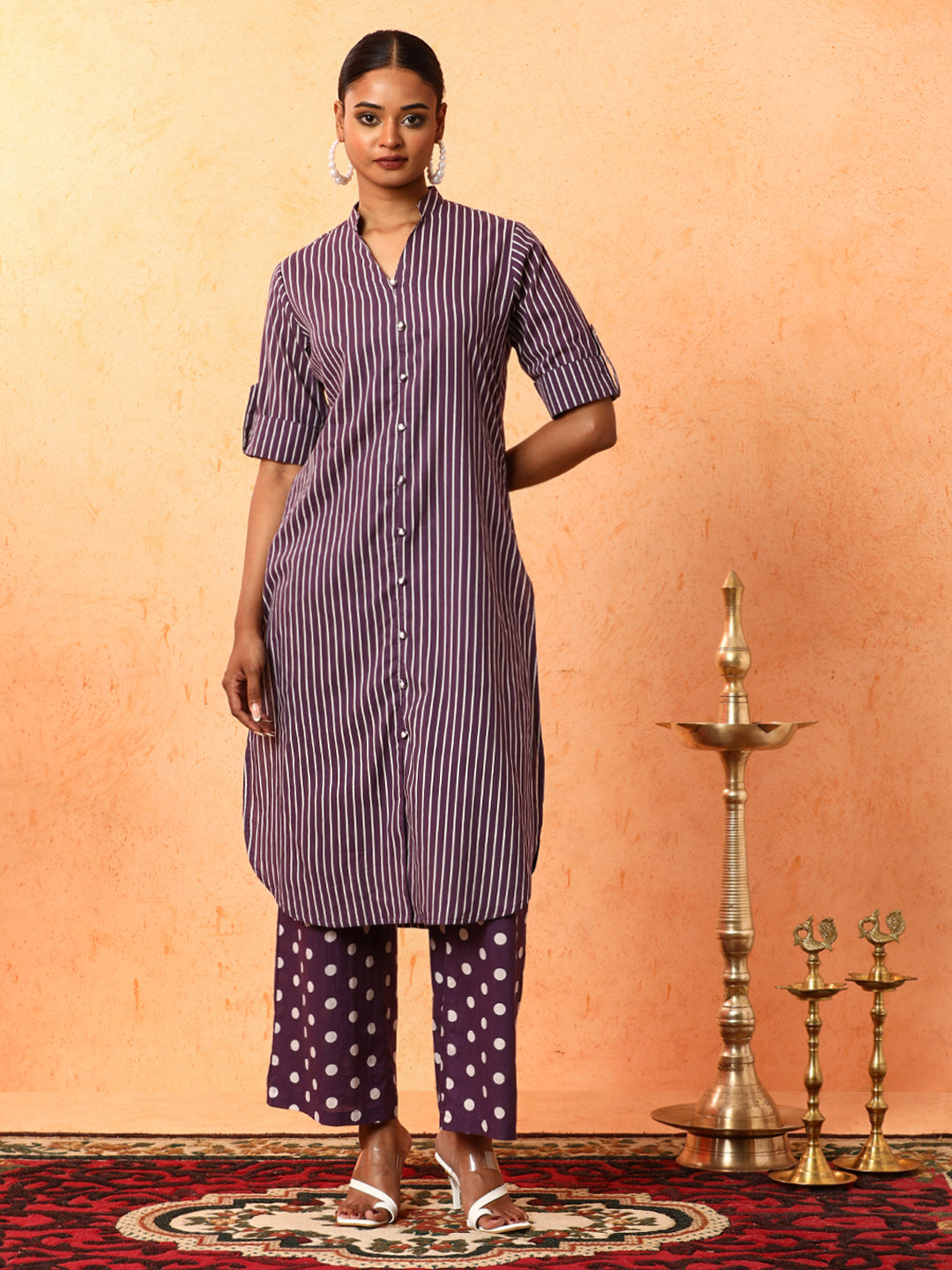 Striped Printed A-Line Pure Cotton Kurta & Palazzos Sets
