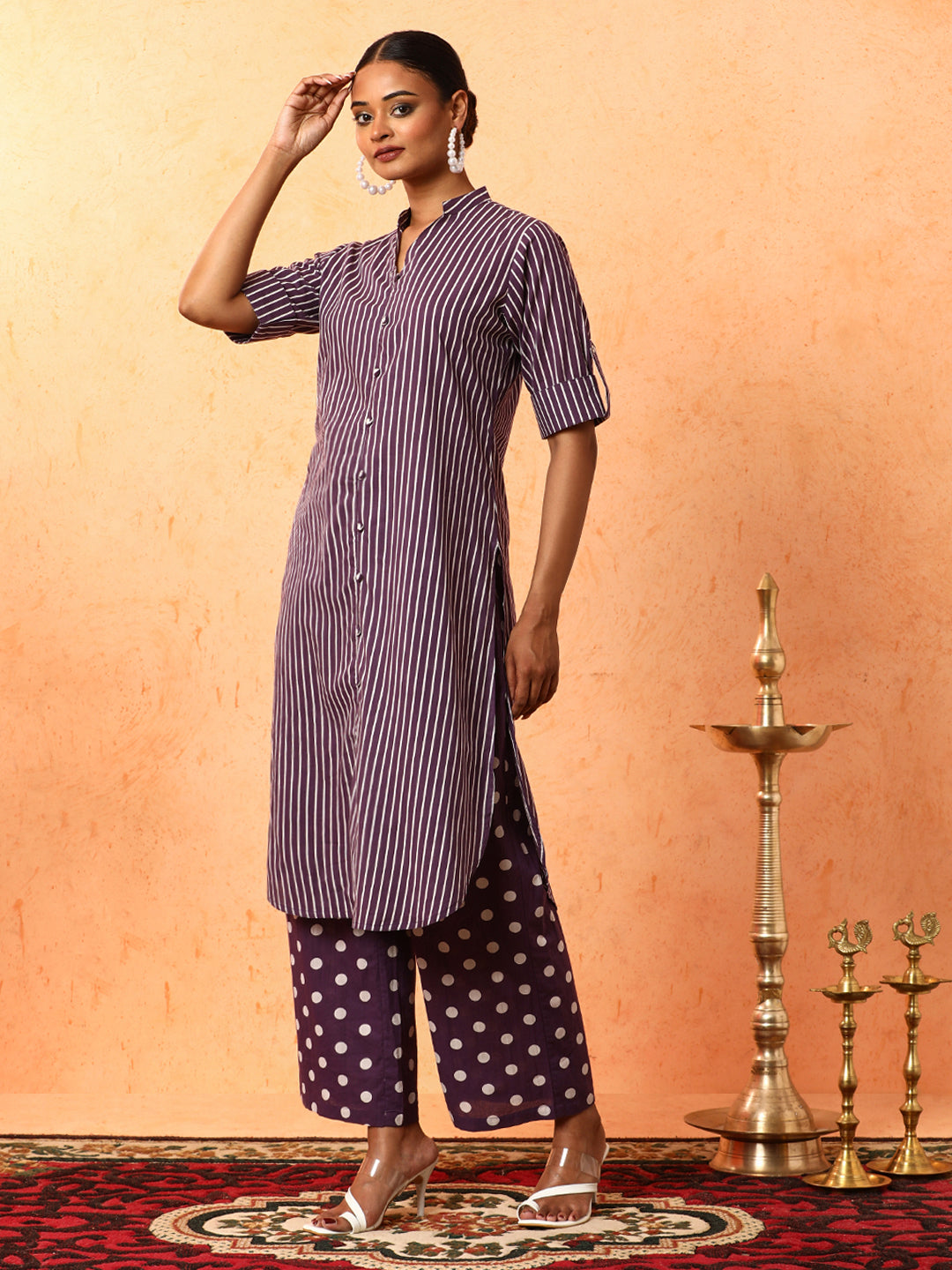 Striped Printed A-Line Pure Cotton Kurta & Palazzos Sets