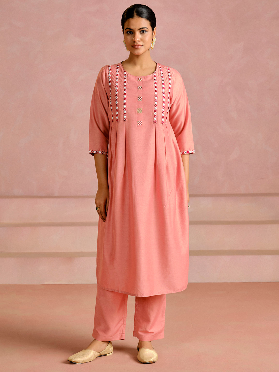 Embroidered A-Line Silk Blend Kurta & Trousers Sets