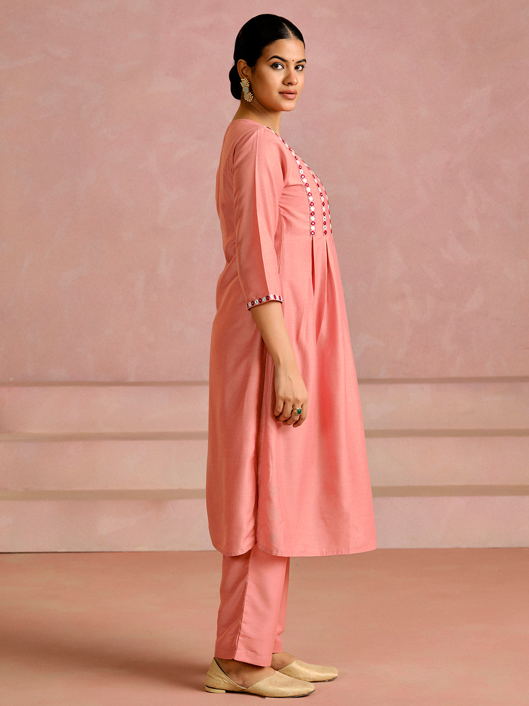 Embroidered A-Line Silk Blend Kurta & Trousers Sets