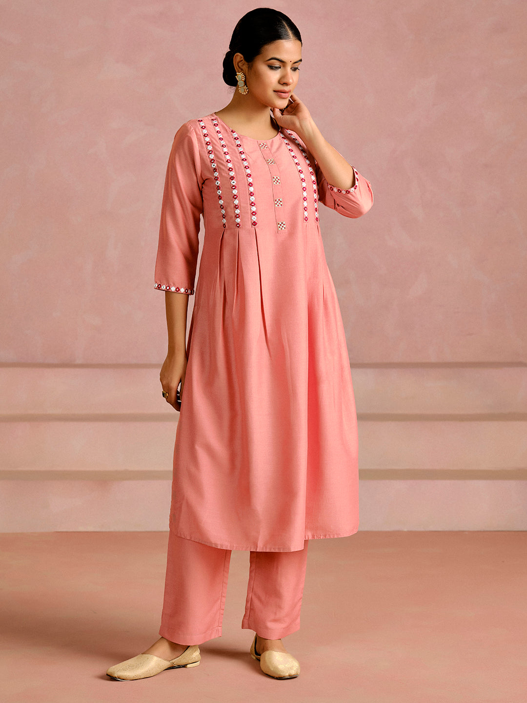 Embroidered A-Line Silk Blend Kurta & Trousers Sets