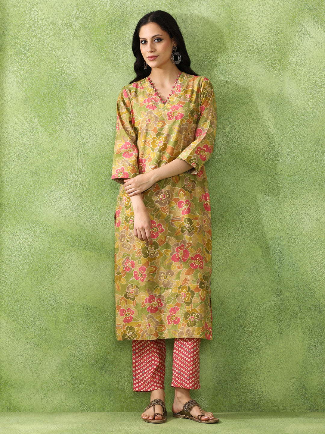 Floral Embroidered A-Line Cotton Blend Kurta & Trousers Sets