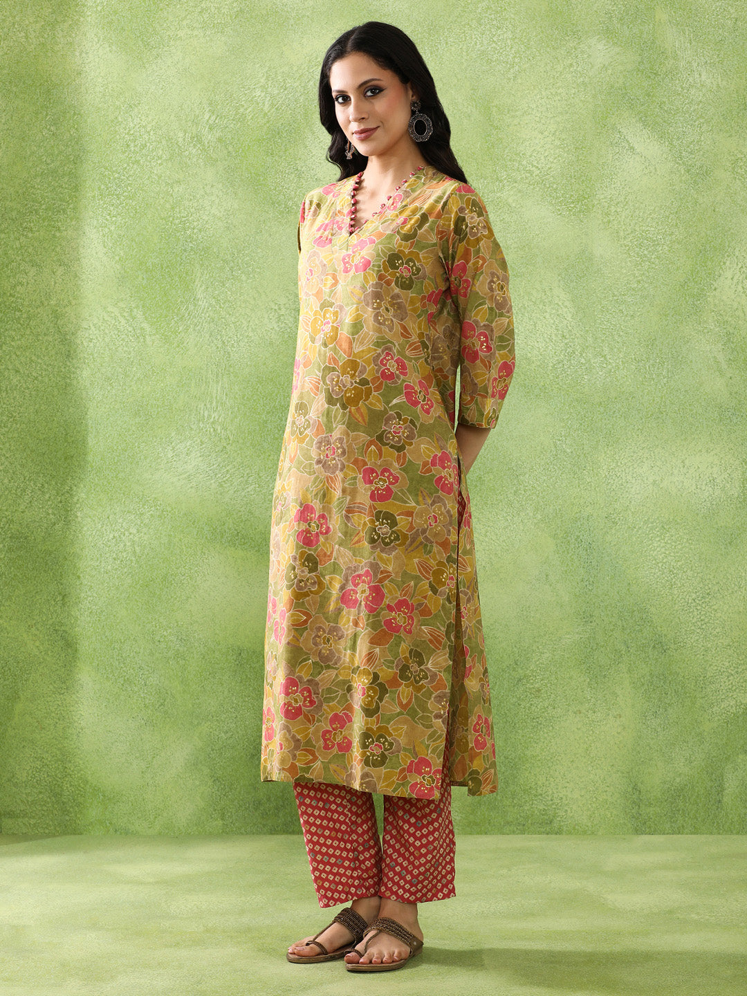 Floral Embroidered A-Line Cotton Blend Kurta & Trousers Sets