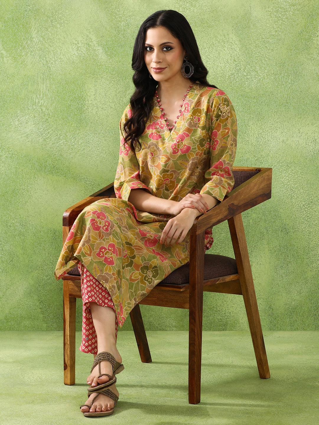 Floral Embroidered A-Line Cotton Blend Kurta & Trousers Sets