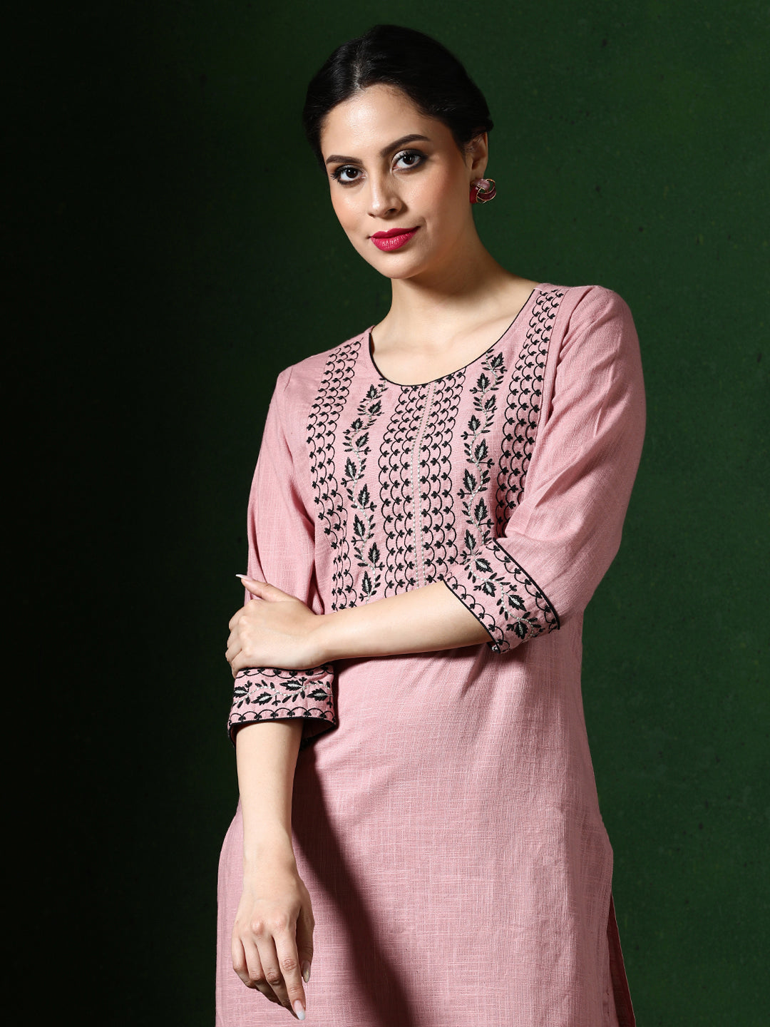 Floral Embroidered Straight Cotton Blend Kurta & Trousers Sets