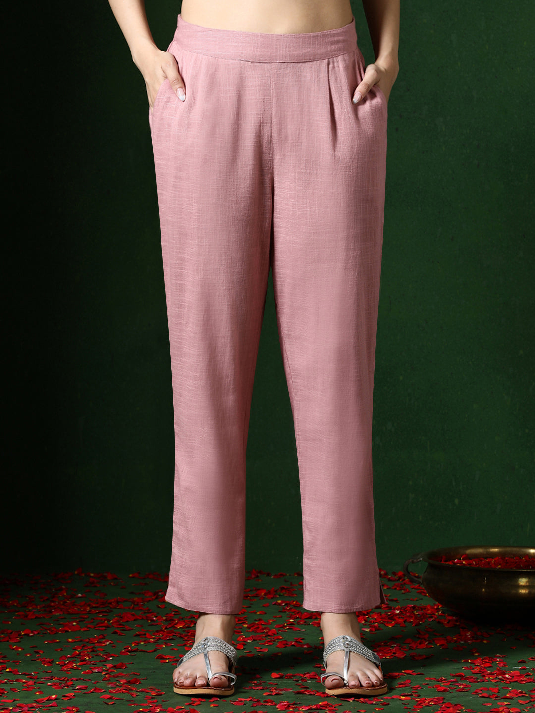 Floral Embroidered Straight Cotton Blend Kurta & Trousers Sets