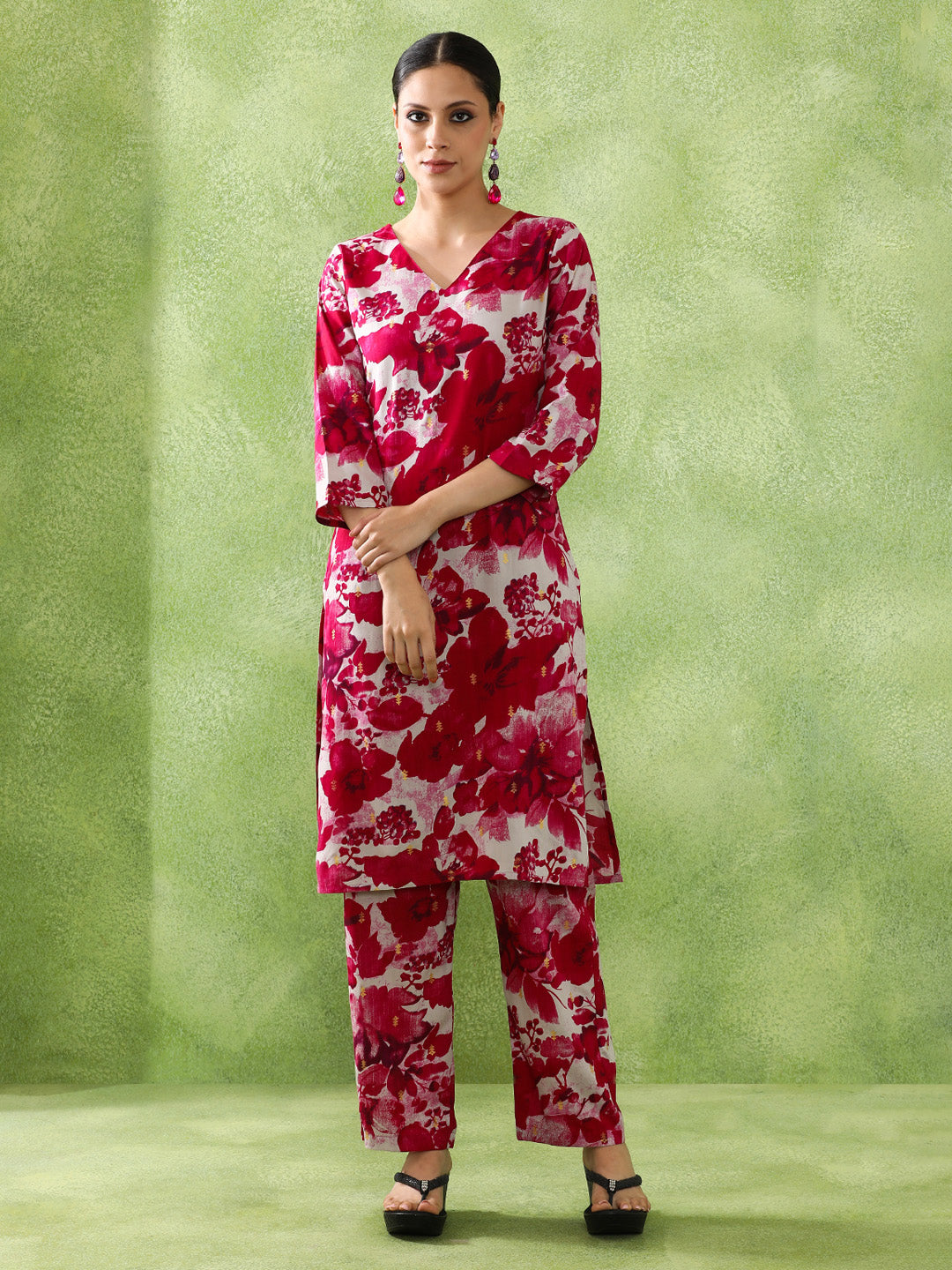 Floral Embroidered Straight Kurta & Trousers Sets