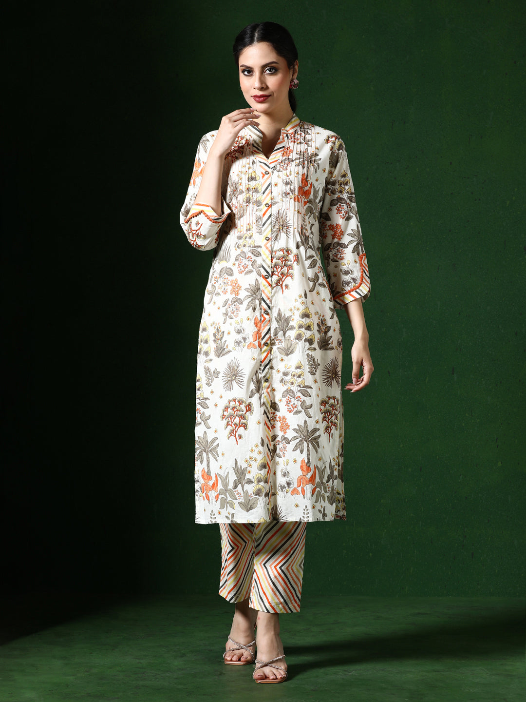 Floral Embroidered A-Line Pure Cotton Kurta & Trousers Sets