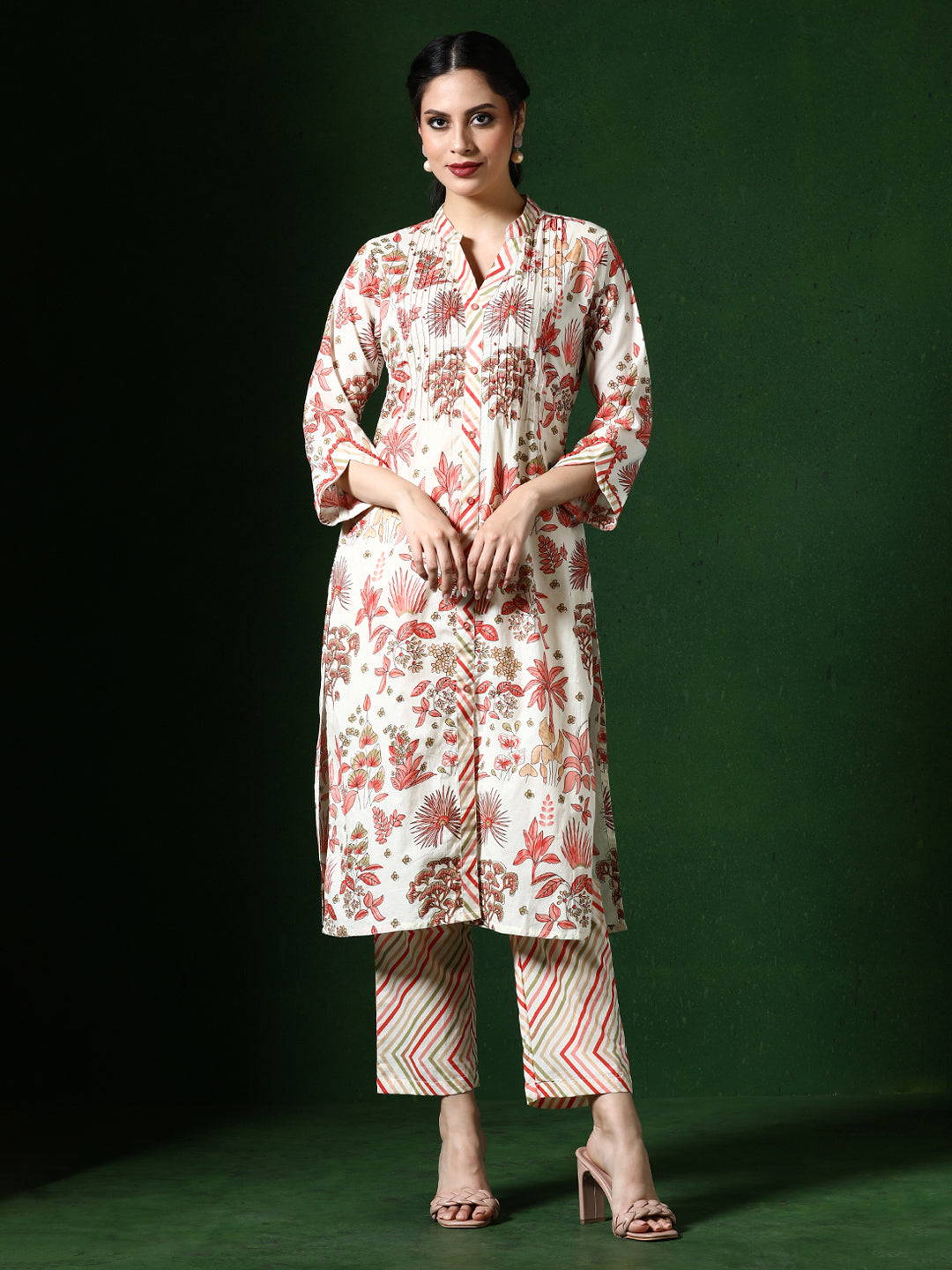 Floral Embroidered A-Line Pure Cotton Kurta & Trousers Sets