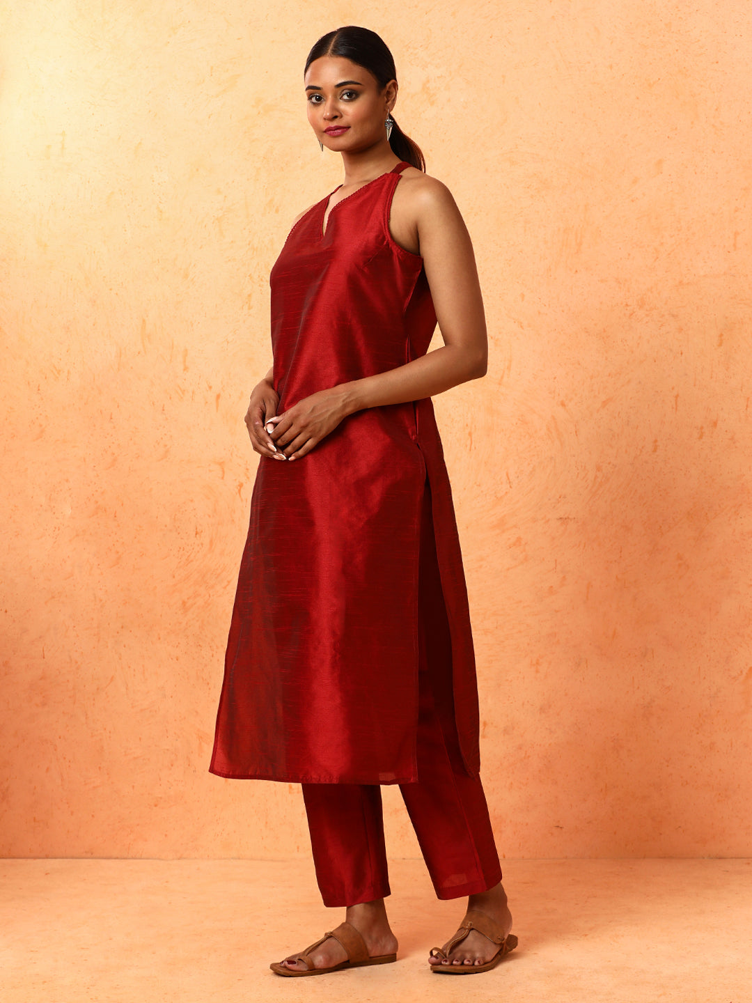 Solid Printed Straight Chanderi Silk Kurta & Trousers Sets