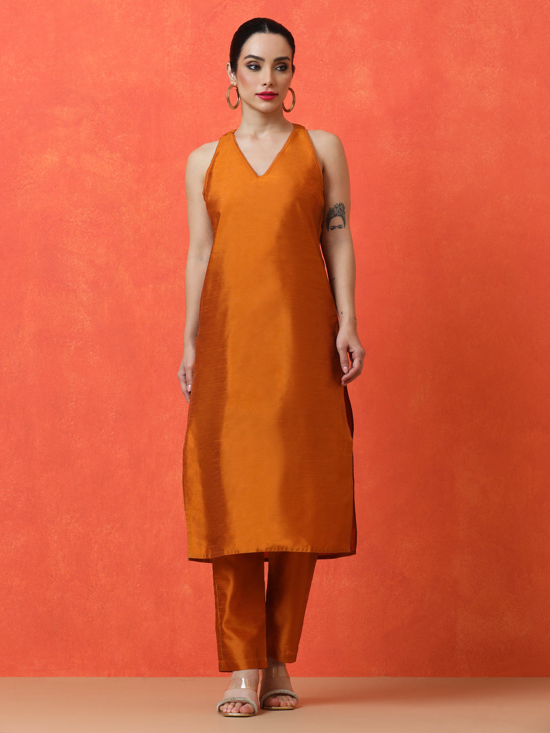 Solid Straight silk blend Kurta & Trousers Sets