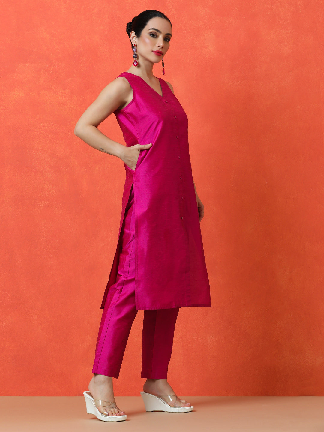 Solid Straight silk blend Kurta & Trousers Sets