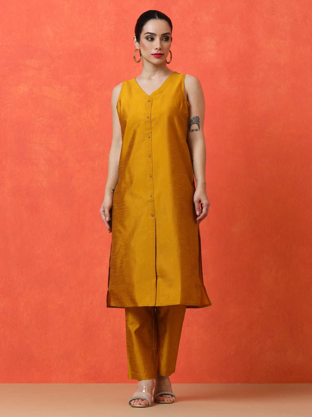 Solid Straight silk blend Kurta & Trousers Sets