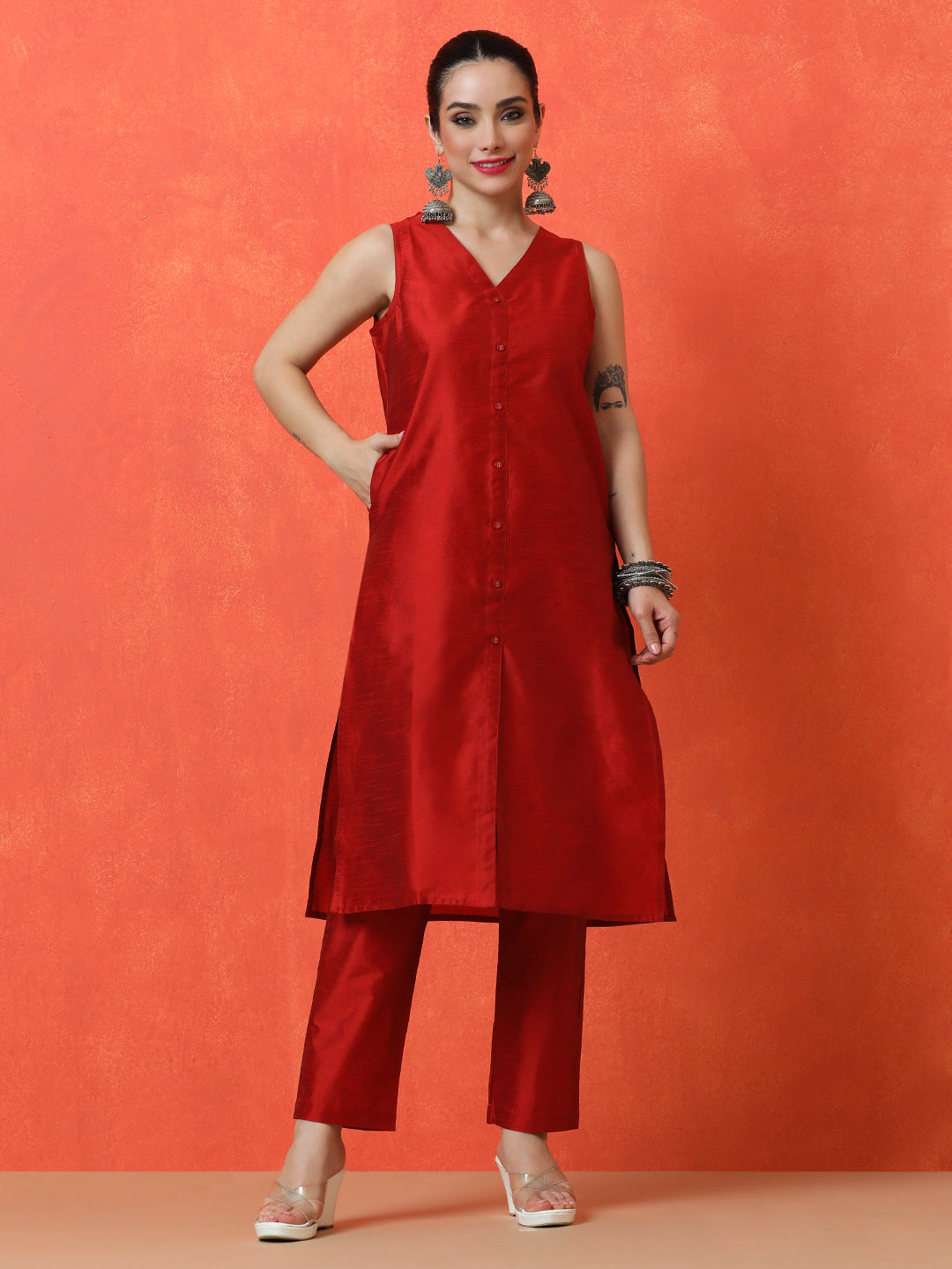 Solid Straight silk blend Kurta & Trousers Sets