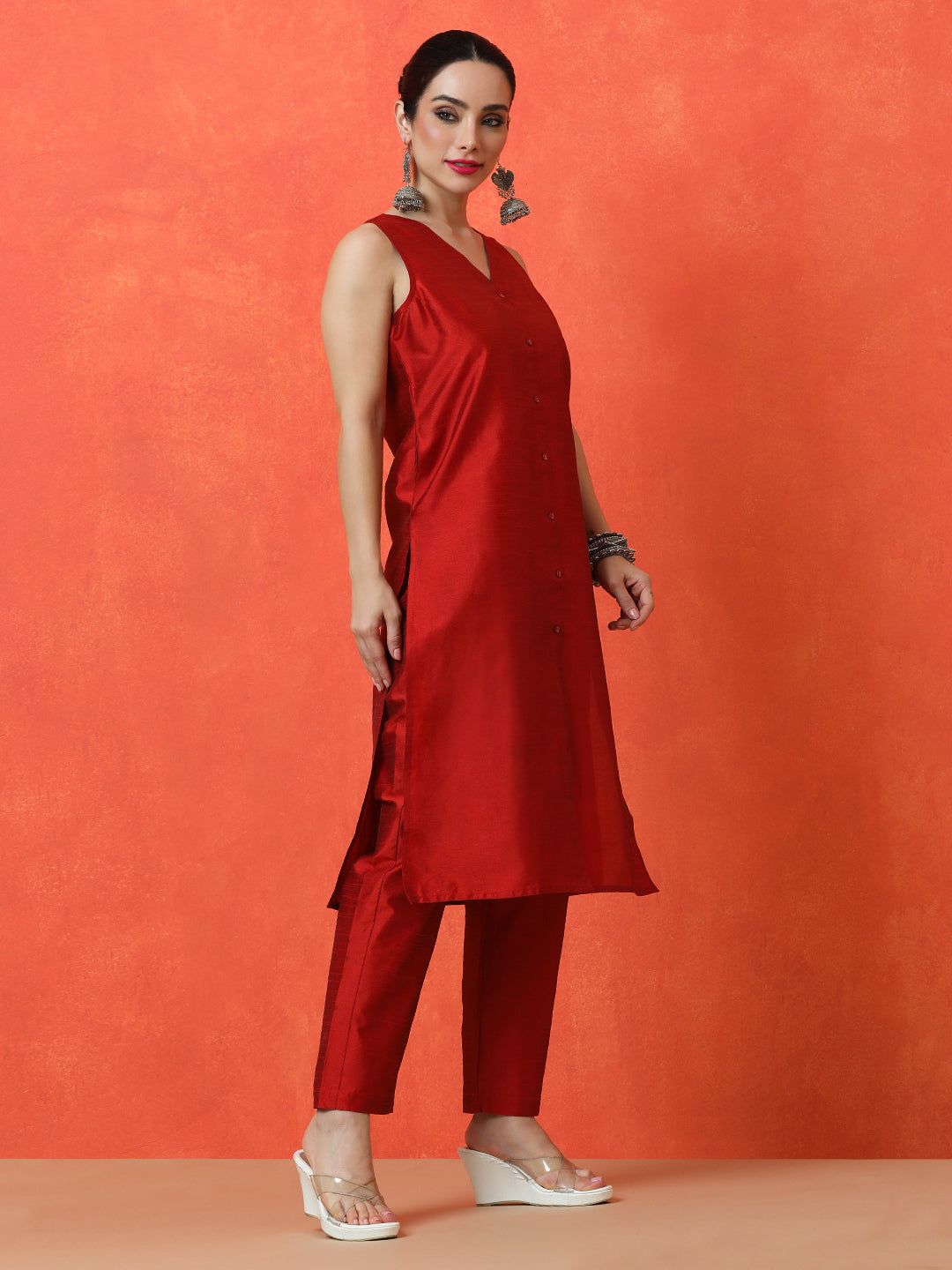 Solid Straight silk blend Kurta & Trousers Sets