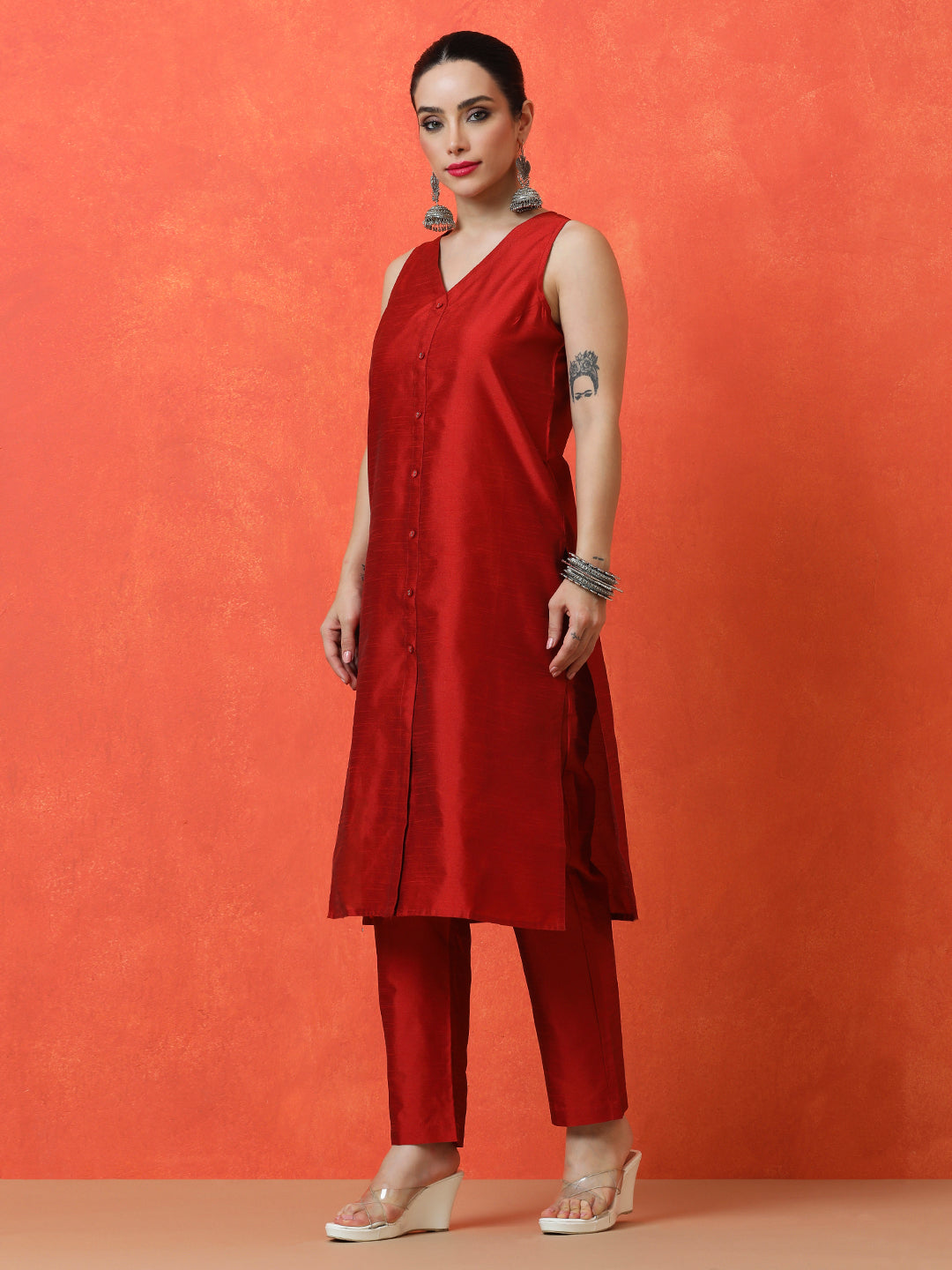 Solid Straight silk blend Kurta & Trousers Sets