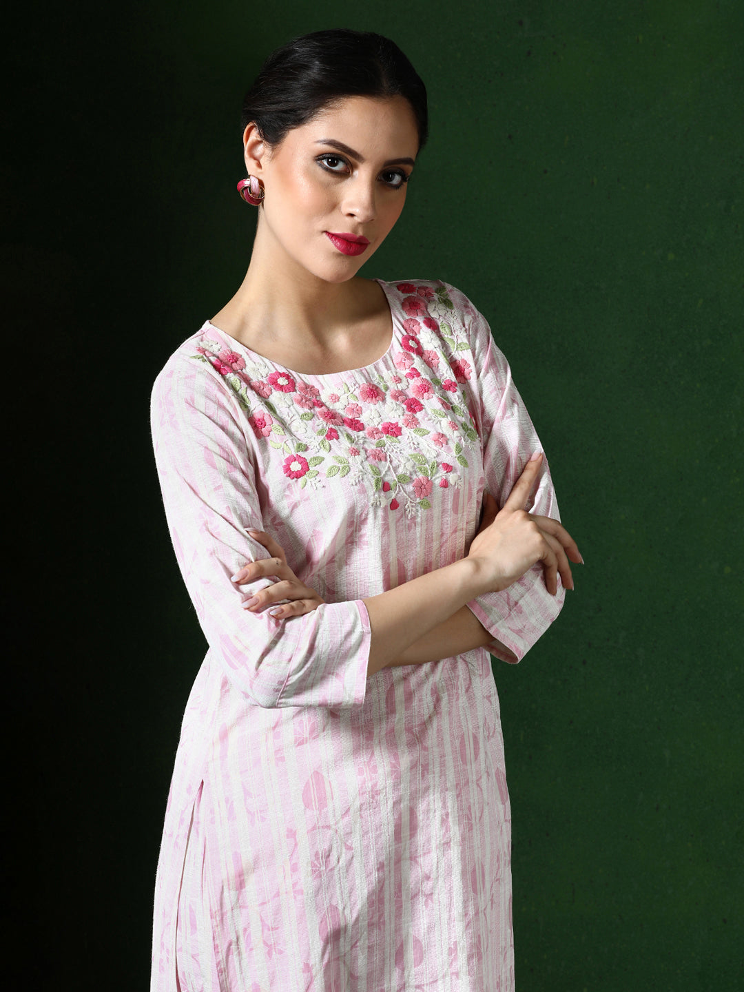 Floral Embroidered Straight Cotton Blend Kurta & Trousers Sets