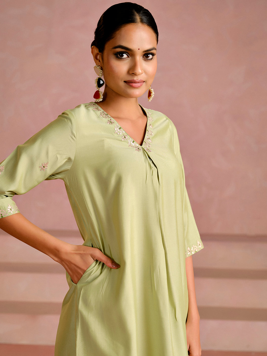 Embroidered A-Line Cotton Silk Kurta & Trousers Sets