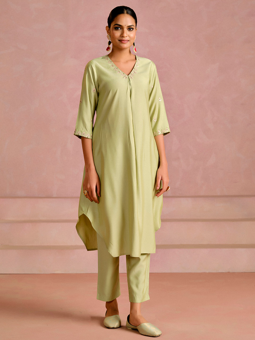 Embroidered A-Line Cotton Silk Kurta & Trousers Sets