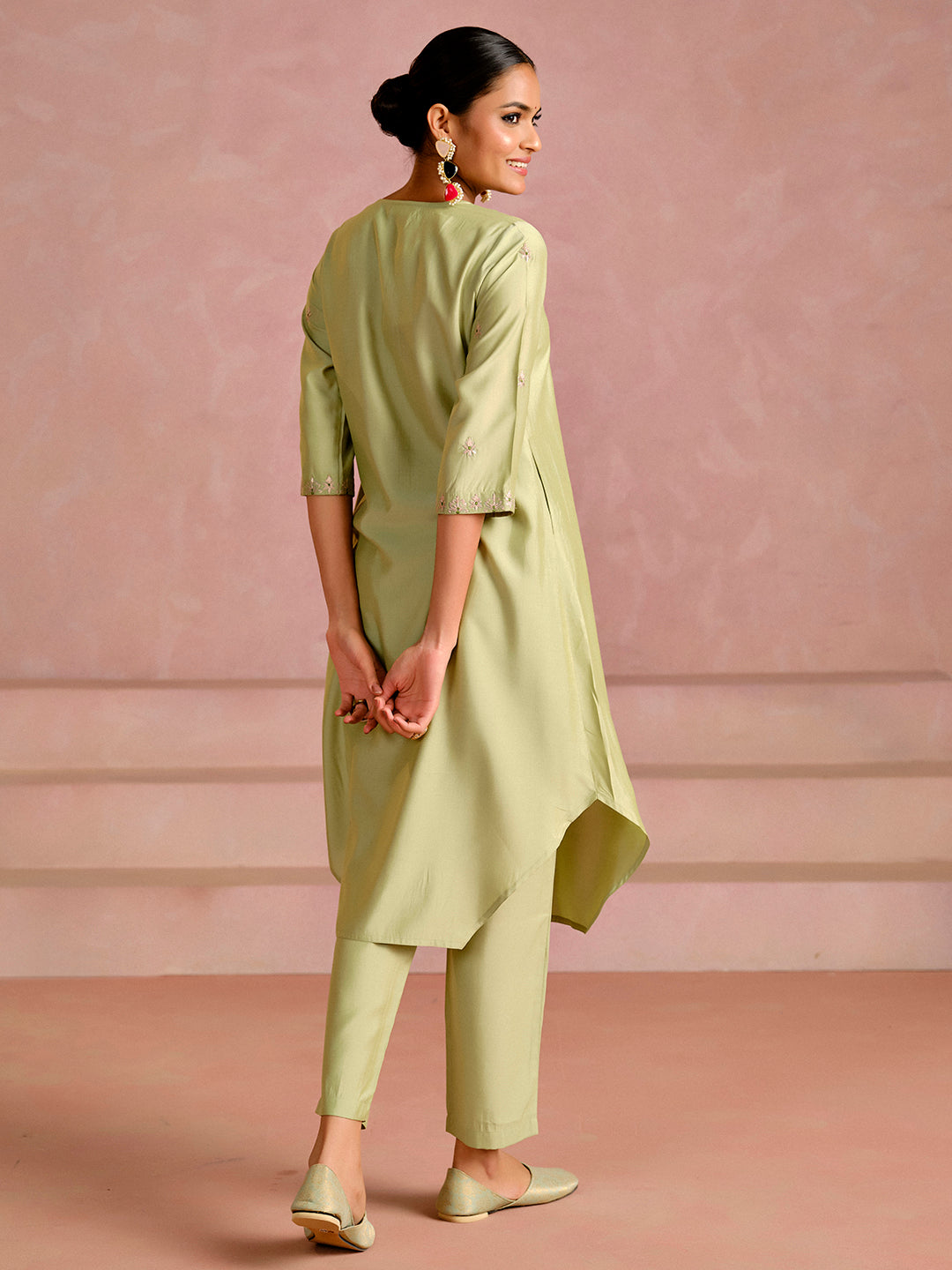 Embroidered A-Line Cotton Silk Kurta & Trousers Sets
